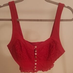 Red Lace Button-Up Crop Top